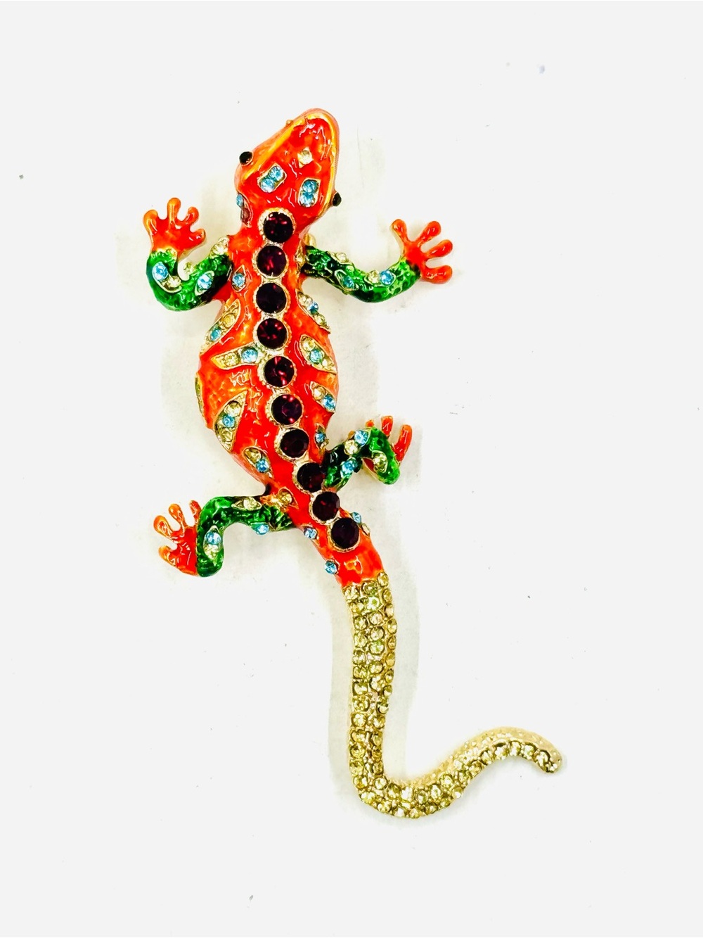 Large Gold Tone Orange & Green Enamel & Jeweled Gecko Brooch 4”X2”
